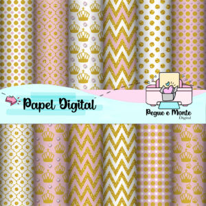 Papel Digital Coroa Rosa e Dourado
