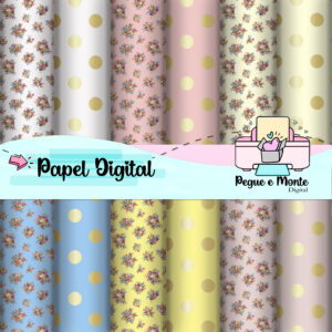 Papel Digital Floral, Poá e Dourado