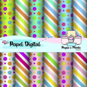 Papel Digital Listrado e Bolinhas Coloridas