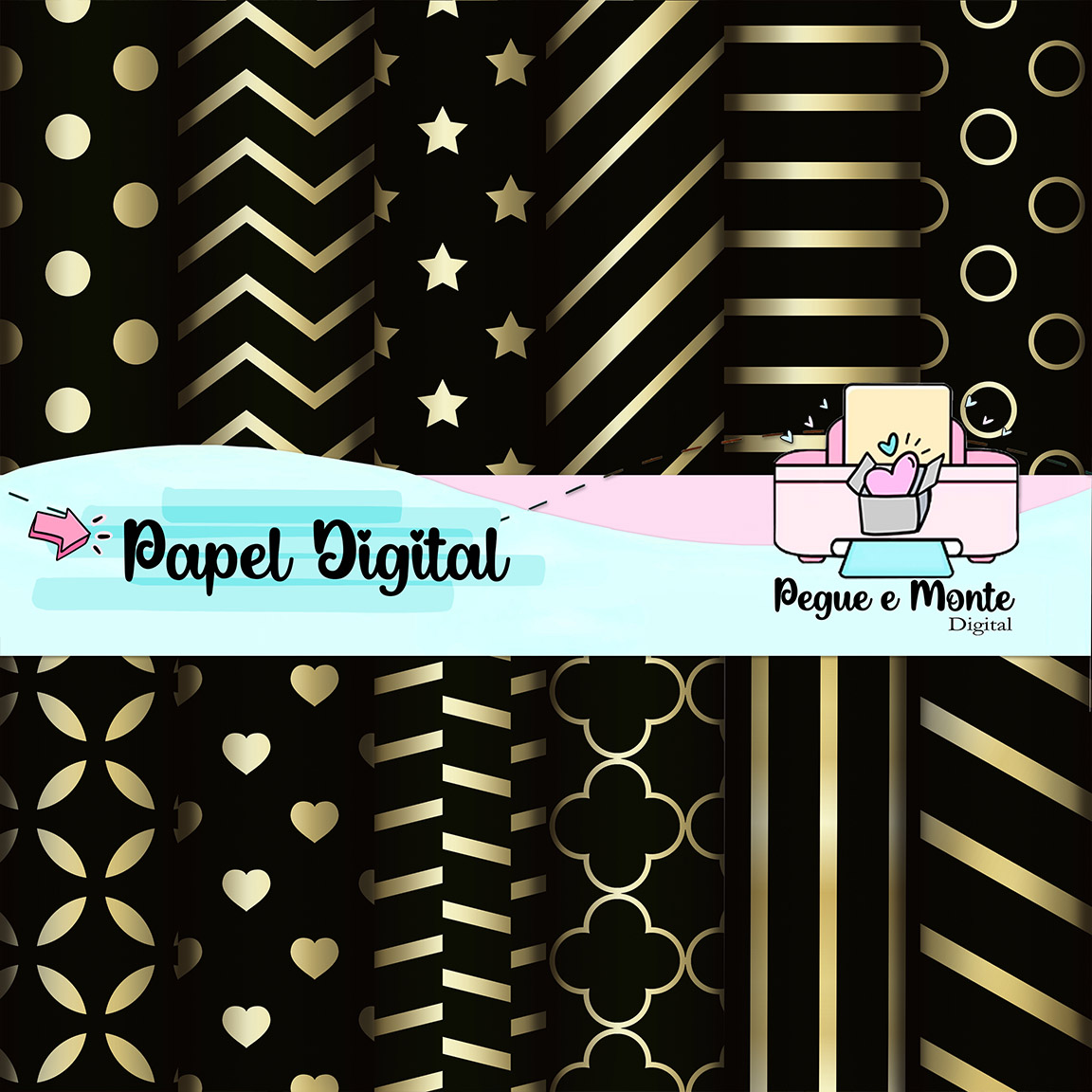 Papel Digital Arabesco Preto e Dourado