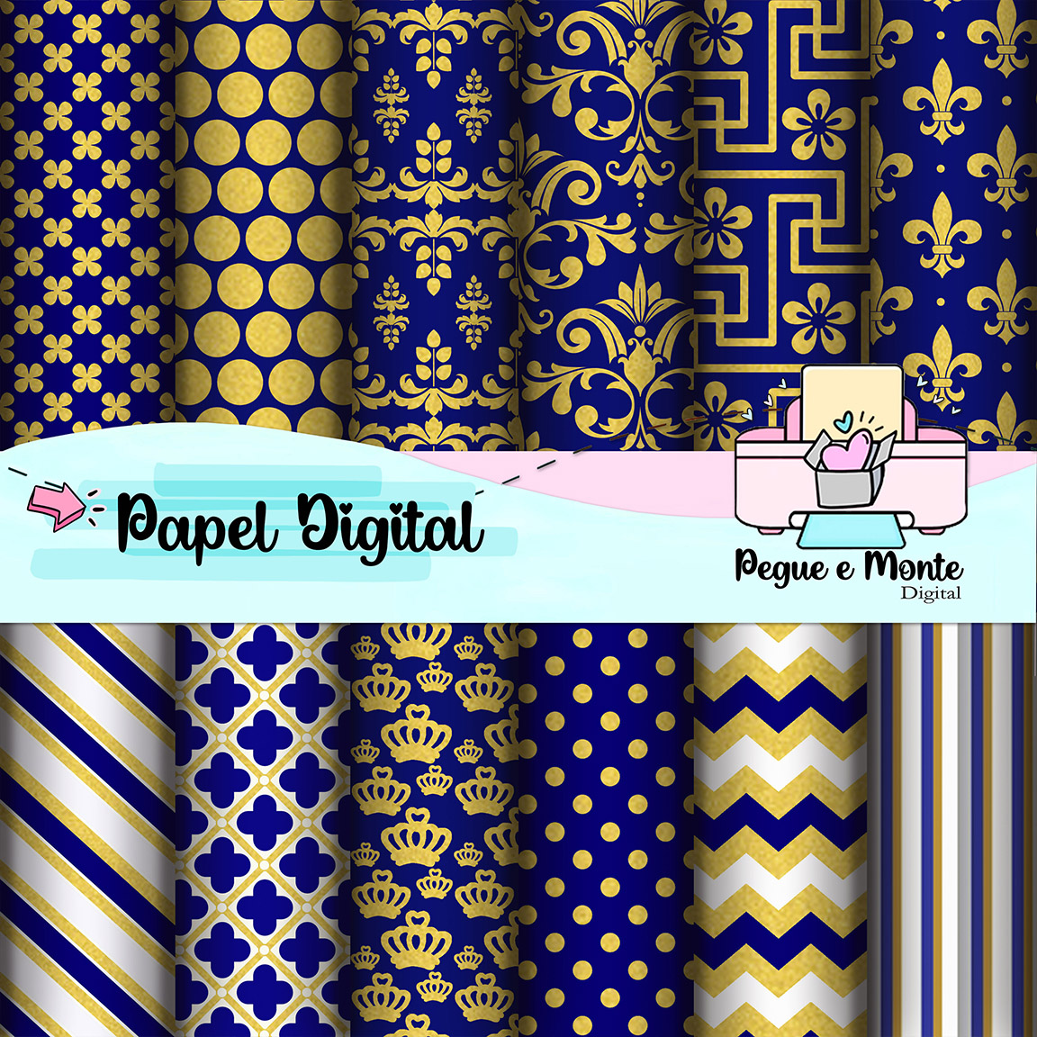 Papel Digital Azul Marinho e Dourado