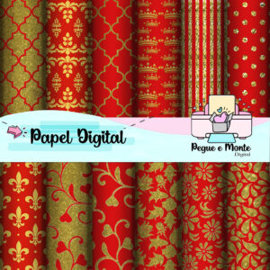 Papel Digital Arabesco Vermelho e Dourado