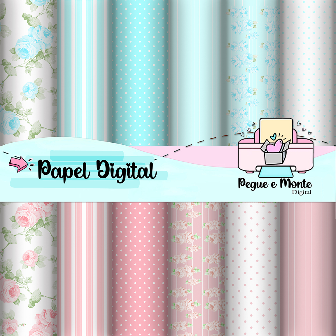 Papel Digital Floral , Listra e Poá
